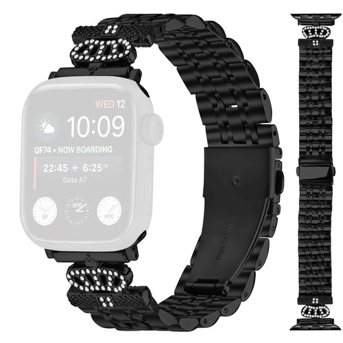 Watch Band For Apple Watch Series 11 10 42mm / 9 8 7 41mm / SE3 SE2 SE 6 5 4 40mm / 3 2 1 38mm 7-Bead Rhinestone Crown Stainless Steel Strap - Black - 1