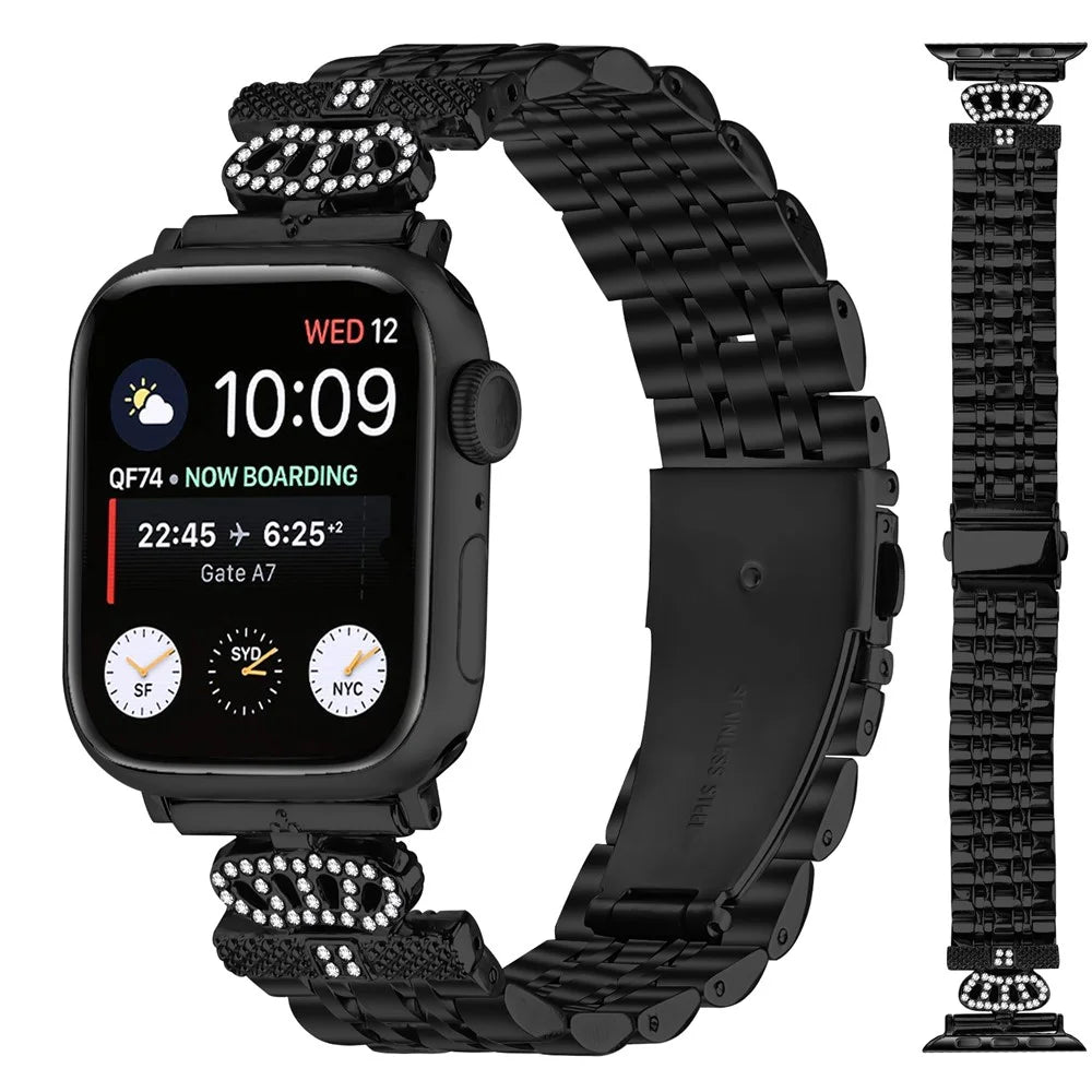 Watch Band For Apple Watch Series 11 10 42mm / 9 8 7 41mm / SE3 SE2 SE 6 5 4 40mm / 3 2 1 38mm 7-Bead Rhinestone Crown Stainless Steel Strap - Black - 2