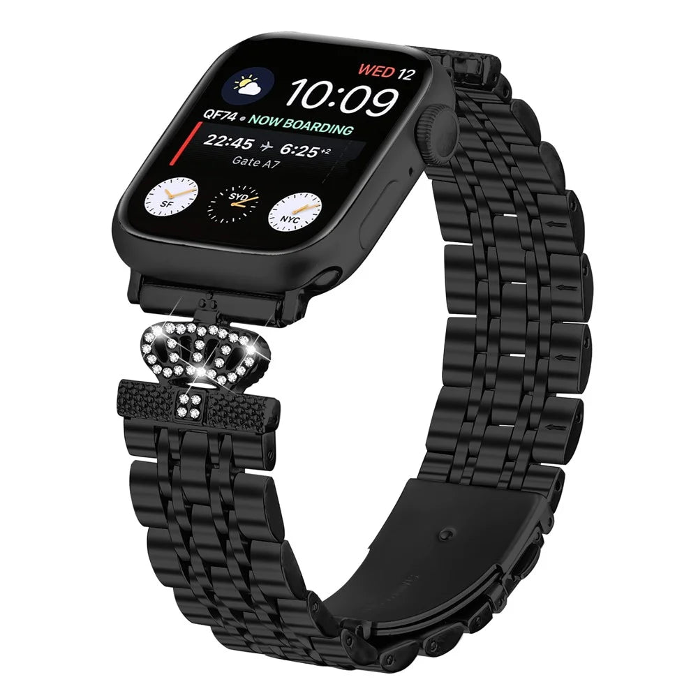 Watch Band For Apple Watch Series 11 10 42mm / 9 8 7 41mm / SE3 SE2 SE 6 5 4 40mm / 3 2 1 38mm 7-Bead Rhinestone Crown Stainless Steel Strap - Black - 3
