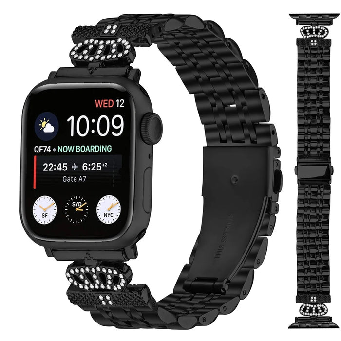 Watch Band For Apple Watch Apple Watch Ultra 3 2 1 49mm / Series 11 10 46mm / 9 8 7 45mm / SE3 SE2 SE 6 5 4 44mm / 3 2 1 42mm 7-Bead Rhinestone Crown Stainless Steel Strap - Black - 2