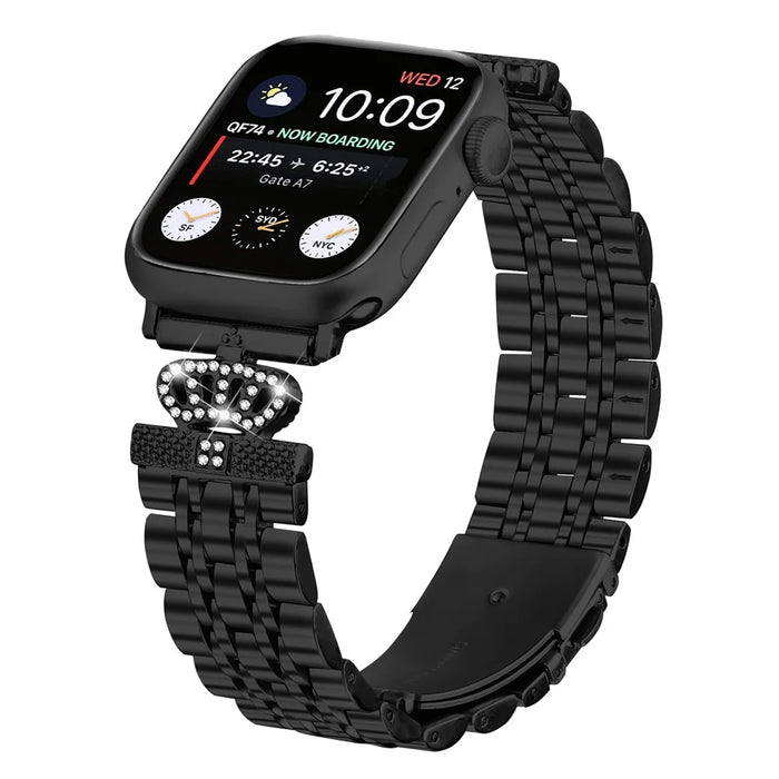 Watch Band For Apple Watch Apple Watch Ultra 3 2 1 49mm / Series 11 10 46mm / 9 8 7 45mm / SE3 SE2 SE 6 5 4 44mm / 3 2 1 42mm 7-Bead Rhinestone Crown Stainless Steel Strap - Black - 3