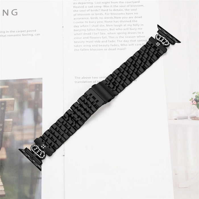Watch Band For Apple Watch Apple Watch Ultra 3 2 1 49mm / Series 11 10 46mm / 9 8 7 45mm / SE3 SE2 SE 6 5 4 44mm / 3 2 1 42mm 7-Bead Rhinestone Crown Stainless Steel Strap - Black - 4