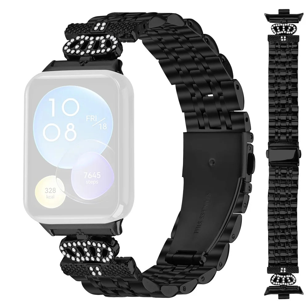 For Xiaomi Smart Band 10 Pro / 9 Pro / 8 Pro / Redmi Watch 6 / 5 / 4 Watch Band 7-Bead Rhinestone Crown Stainless Steel Strap - Black - 1