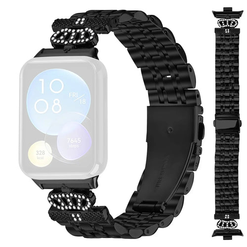 For Xiaomi Smart Band 10 Pro / 9 Pro / 8 Pro / Redmi Watch 6 / 5 / 4 Watch Band 7-Bead Rhinestone Crown Stainless Steel Strap - Black - 1