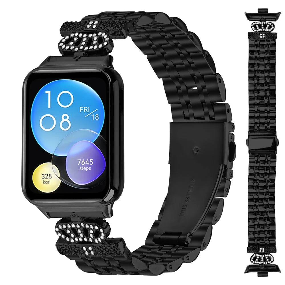 For Xiaomi Smart Band 10 Pro / 9 Pro / 8 Pro / Redmi Watch 6 / 5 / 4 Watch Band 7-Bead Rhinestone Crown Stainless Steel Strap - Black - 2