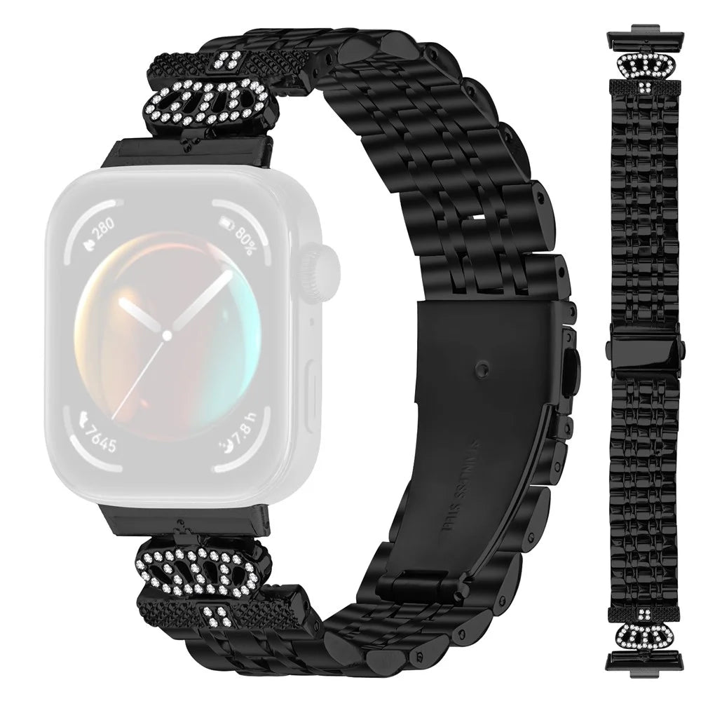For Huawei Watch Fit 3 Watch Band 7-Bead Rhinestone Crown Stainless Steel Strap - Black - 1