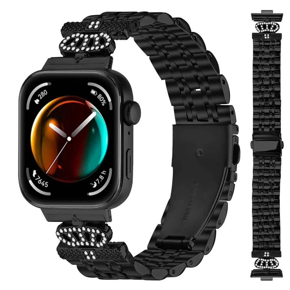 For Huawei Watch Fit 3 Watch Band 7-Bead Rhinestone Crown Stainless Steel Strap - Black - 2