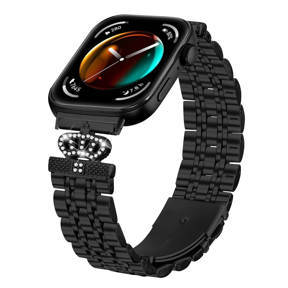 For Huawei Watch Fit 3 Watch Band 7-Bead Rhinestone Crown Stainless Steel Strap - Black - 3