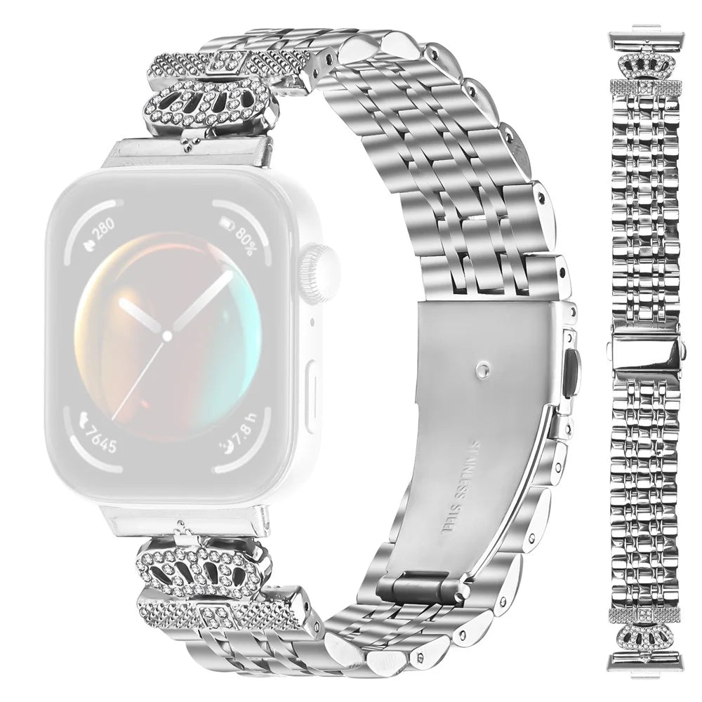 For Huawei Watch Fit 3 Watch Band 7-Bead Rhinestone Crown Stainless Steel Strap Silver - 1