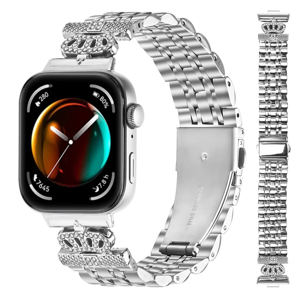 For Huawei Watch Fit 3 Watch Band 7-Bead Rhinestone Crown Stainless Steel Strap Silver - 2