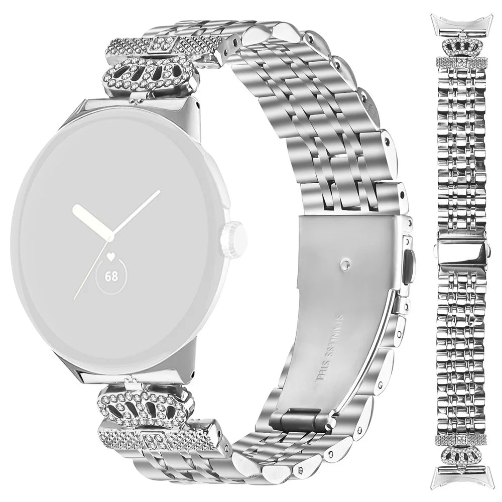 For Google Pixel Watch 4 41mm / Watch 3 41mm / Watch 2 / Watch 7-Bead Rhinestone Crown Stainless Steel Strap Silver - 1