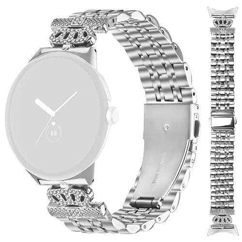 For Google Pixel Watch 4 41mm / Watch 3 41mm / Watch 2 / Watch 7-Bead Rhinestone Crown Stainless Steel Strap Silver - 1