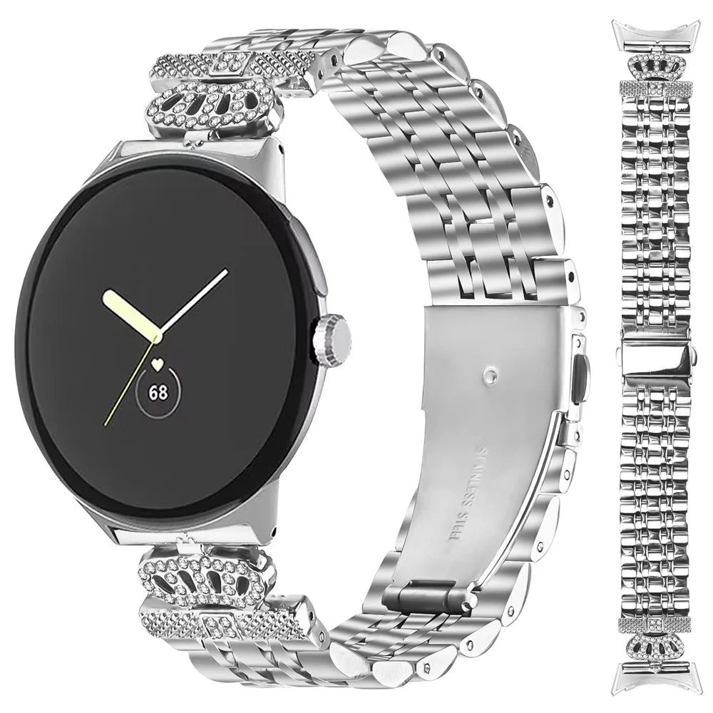 For Google Pixel Watch 4 41mm / Watch 3 41mm / Watch 2 / Watch 7-Bead Rhinestone Crown Stainless Steel Strap Silver - 2