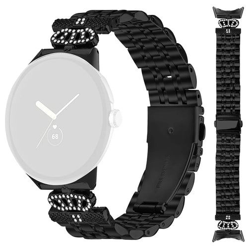 For Google Pixel Watch 4 41mm / Watch 3 41mm / Watch 2 / Watch 7-Bead Rhinestone Crown Stainless Steel Strap - Black - 1
