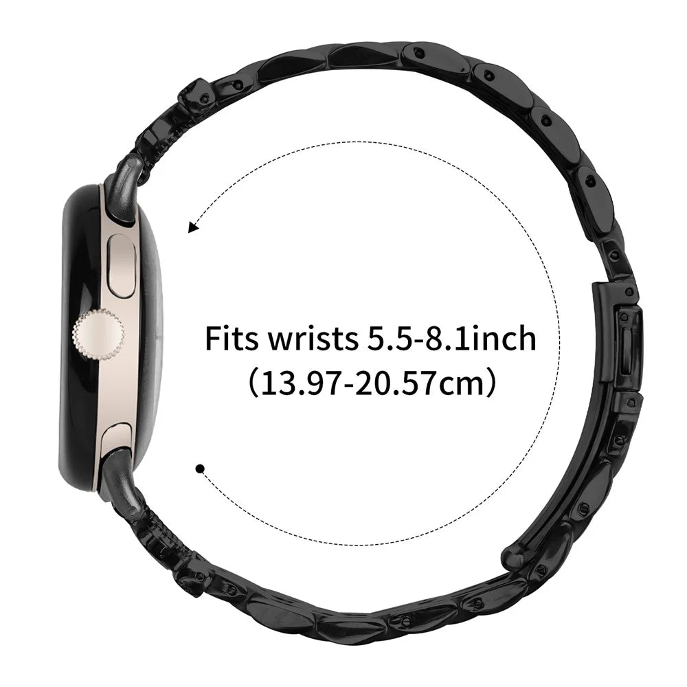 For Google Pixel Watch 4 41mm / Watch 3 41mm / Watch 2 / Watch 7-Bead Rhinestone Crown Stainless Steel Strap - Black - 7