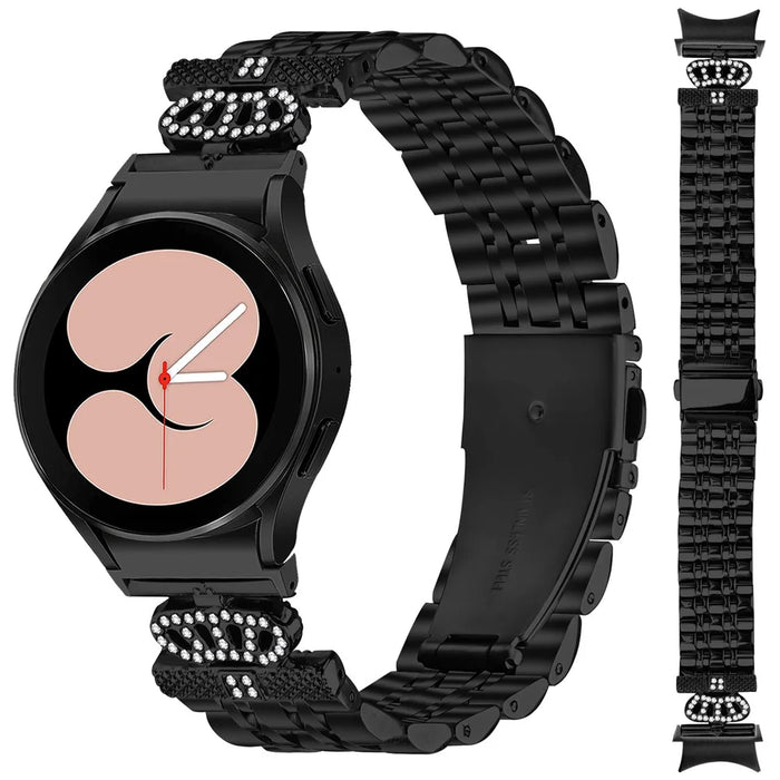 Watch Band with Connector For Samsung Galaxy Watch7 44mm  /  40mm 7-Bead Rhinestone Crown Stainless Steel Strap - Black - 2