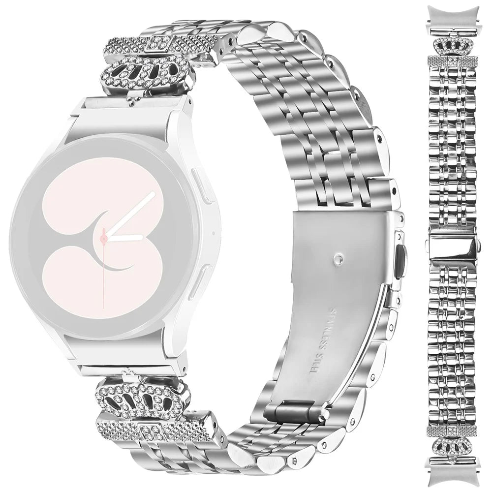 Watch Band with Quick Release Connector For Samsung Galaxy Watch7 44mm  /  40mm 7-Bead Rhinestone Crown Strap Silver - 1