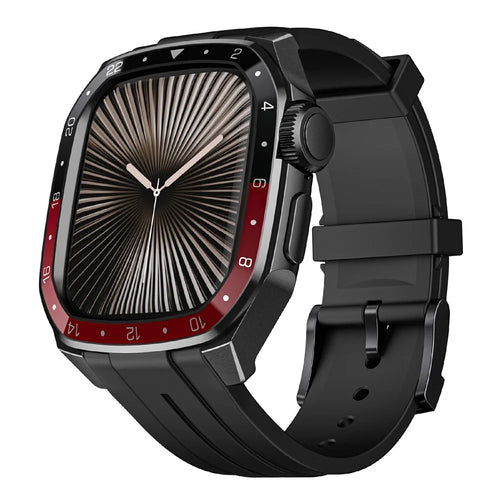 For Apple Watch Series 10 46mm Integrated Silicone Watch Band with Metal Watch Case Cover - Black / Red - 1