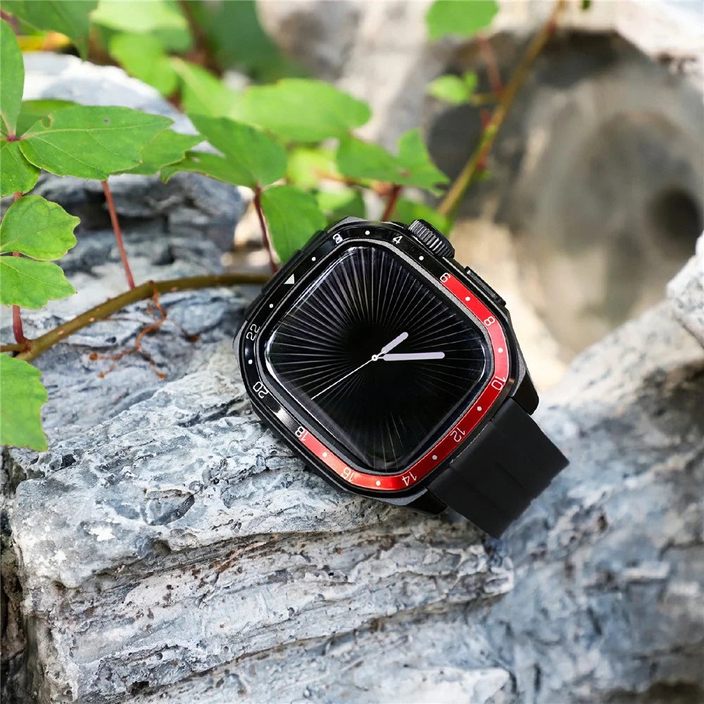 For Apple Watch Series 10 46mm Integrated Silicone Watch Band with Metal Watch Case Cover - Black / Red - 3