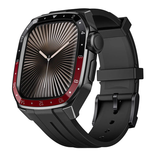For Apple Watch SE (2022) / SE / 6 / 5 / 4 44mm Integrated Silicone Watch Band with Metal Watch Case Cover - Black / Red - 1
