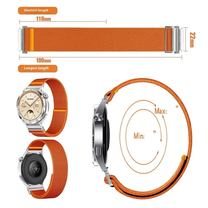 For Huawei Watch GT 5 46mm Nylon Watch Band 22mm Adjustable Elastic Replacement Strap - Orange - 6