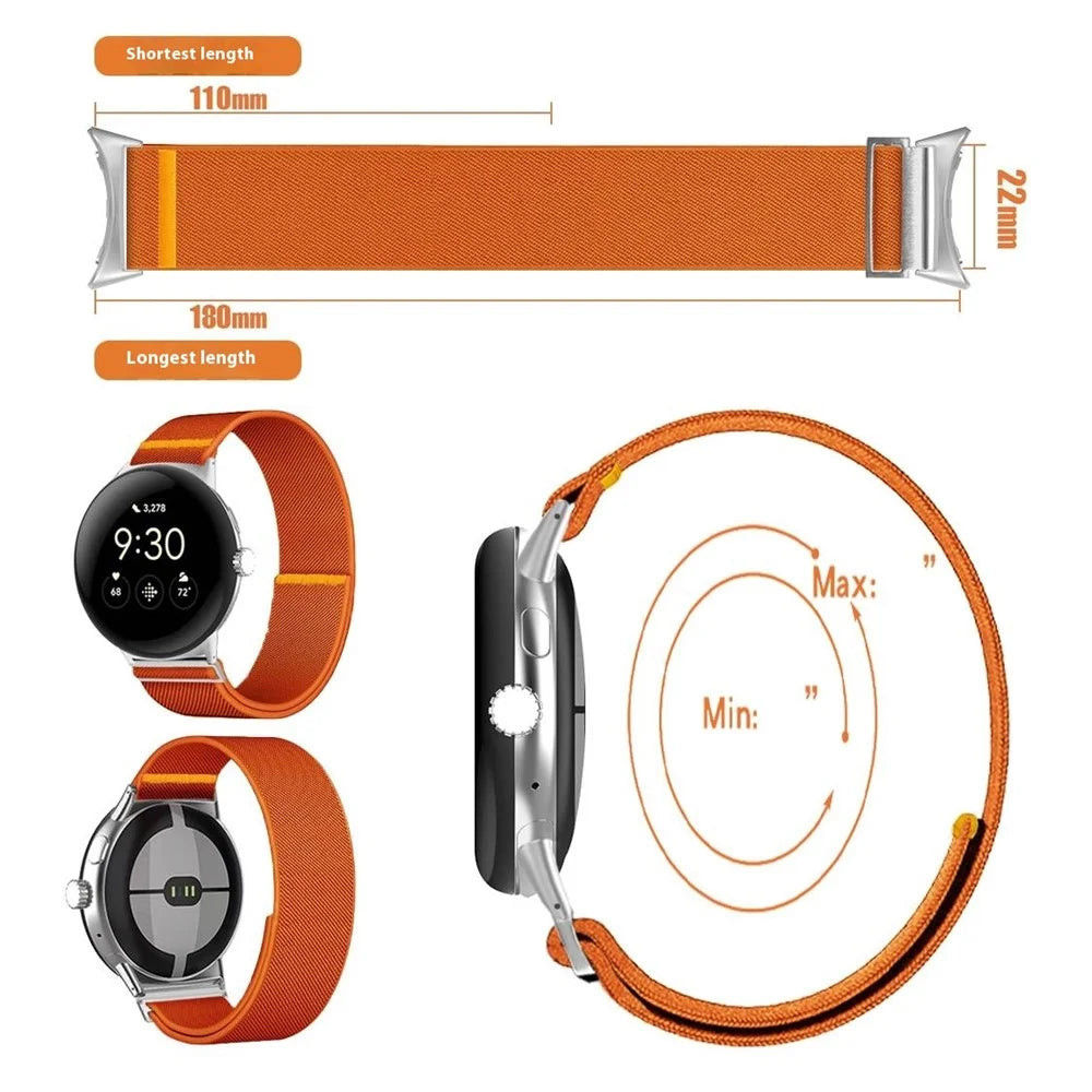 For Google Pixel Watch 4 45mm / Watch 3 45mm Nylon Watch Band Adjustable Elastic Replacement Strap - Orange - 6