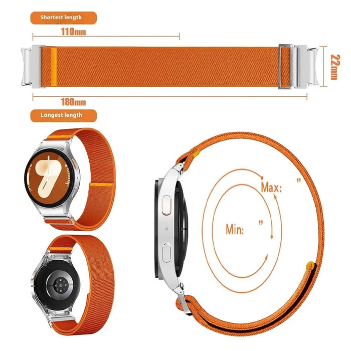 For Samsung Galaxy Watch7 44mm / 40mm Nylon Watch Band Adjustable Elastic Replacement Strap - Orange - 6