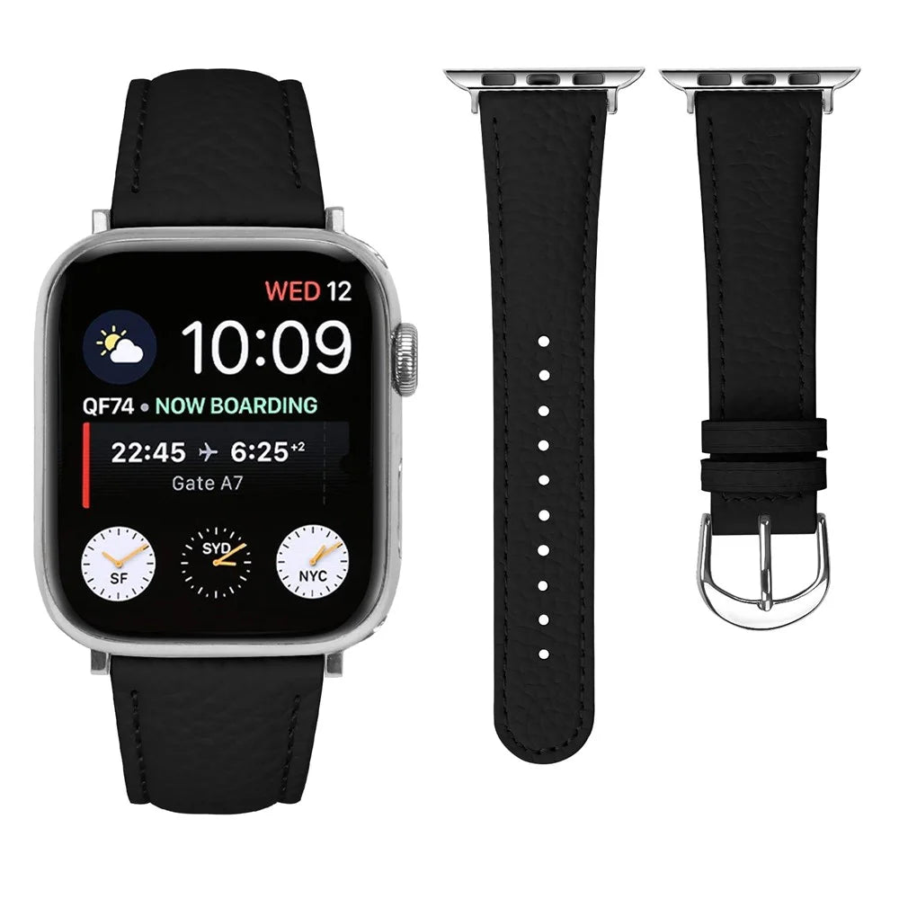 Replacement Strap for Apple Watch Series 11 10 42mm / 9 8 7 41mm / SE3 SE2 SE 6 5 4 40mm / 3 2 1 38mm Litchi Texture PU Leather Watch Band - Black - 3