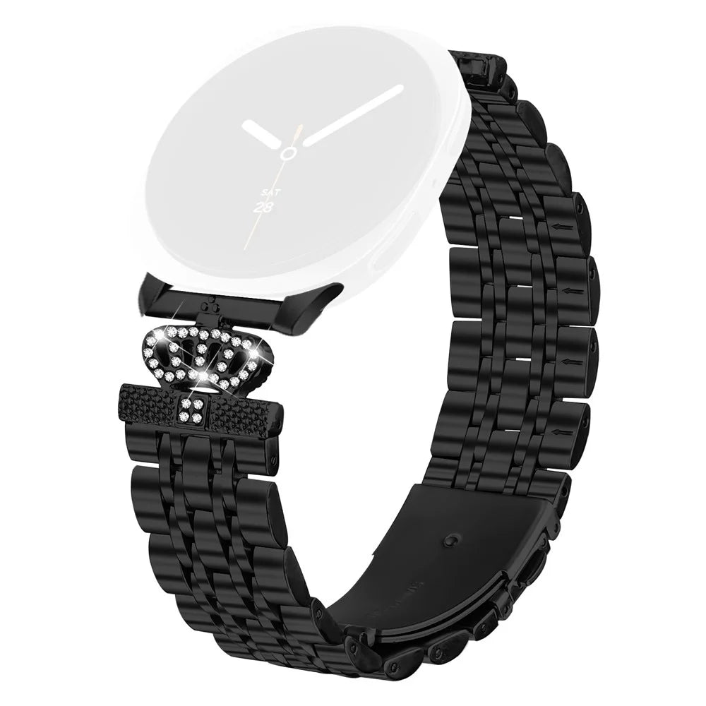 Watch Band with Connector for Samsung Galaxy Watch8 44mm / 40mm / 8 Classic 46mm 7-Bead Rhinestone Crown Metal Strap - Black - 1