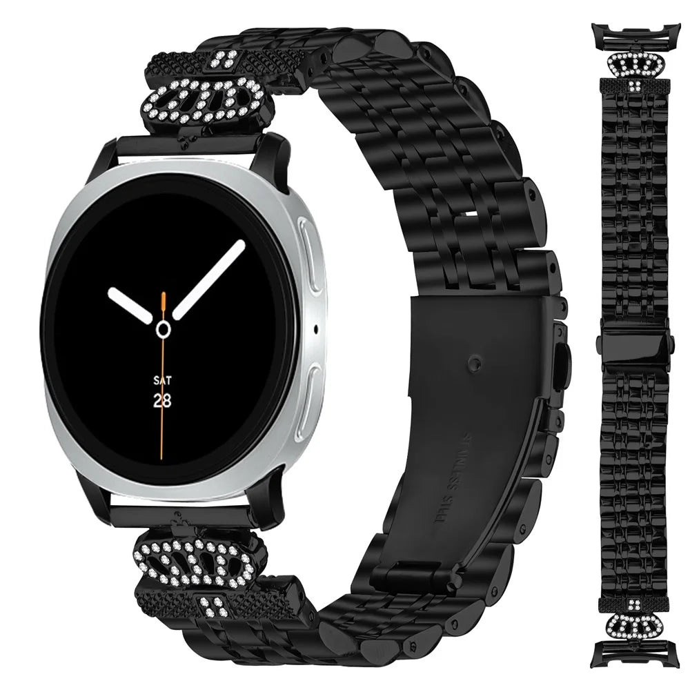 Watch Band with Connector for Samsung Galaxy Watch8 44mm / 40mm / 8 Classic 46mm 7-Bead Rhinestone Crown Metal Strap - Black - 3