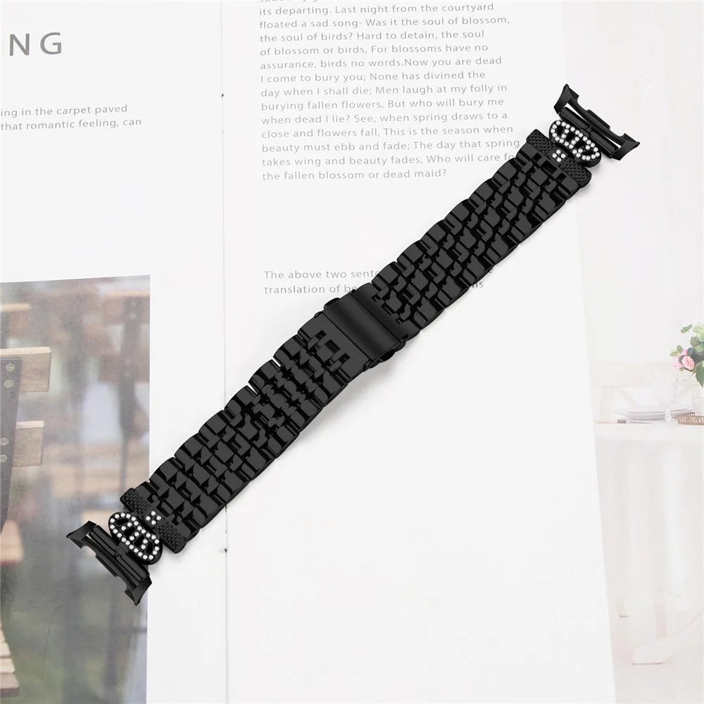 Watch Band with Connector for Samsung Galaxy Watch8 44mm / 40mm / 8 Classic 46mm 7-Bead Rhinestone Crown Metal Strap - Black - 4