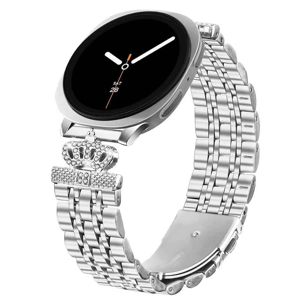 Silver Watch Band with Connector for Samsung Galaxy Watch Ultra (2025) 47mm / Ultra 47mm 7-Bead Rhinestone Crown Metal Strap - 2
