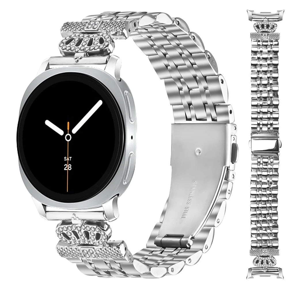 Silver Watch Band with Connector for Samsung Galaxy Watch Ultra (2025) 47mm / Ultra 47mm 7-Bead Rhinestone Crown Metal Strap - 3