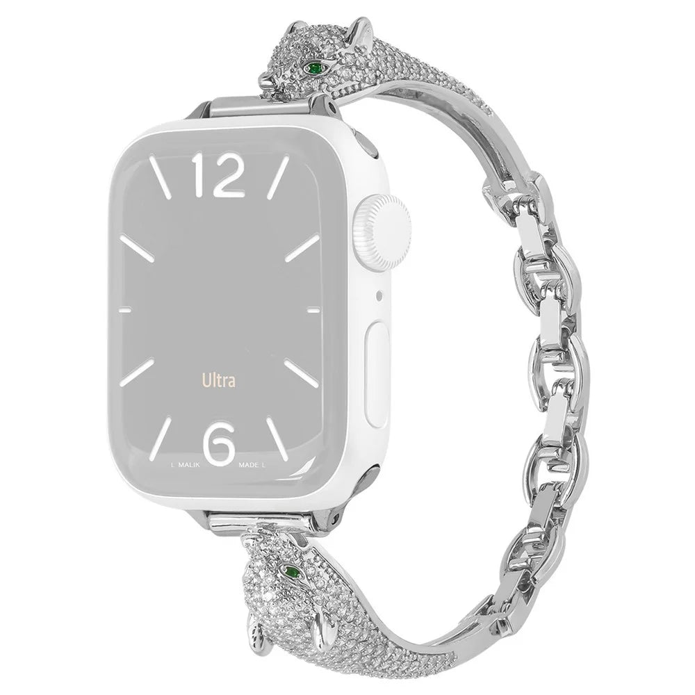 Watch Band For Apple Watch Ultra 3 2 1 49mm / Series 11 10 46mm / 9 8 7 45mm / SE3 SE2 SE 6 5 4 44mm / 3 2 1 42mm Copper + Zircon Leopard Head Strap - Silver - 1
