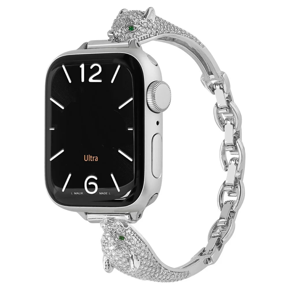 Watch Band For Apple Watch Series 11 10 42mm / 9 8 7 41mm / SE3 SE2 SE 6 5 4 40mm / 3 2 1 38mm Copper + Zircon Leopard Head Strap - Silver - 2