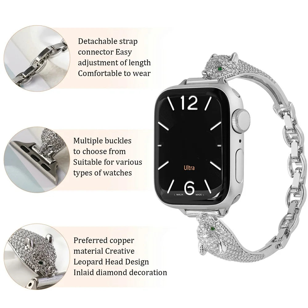 Watch Band For Apple Watch Series 11 10 42mm / 9 8 7 41mm / SE3 SE2 SE 6 5 4 40mm / 3 2 1 38mm Copper + Zircon Leopard Head Strap - Silver - 3