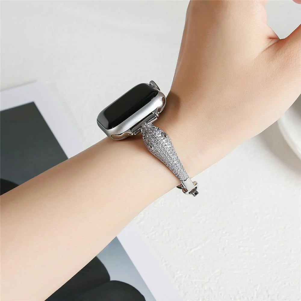 Watch Band For Apple Watch Series 11 10 42mm / 9 8 7 41mm / SE3 SE2 SE 6 5 4 40mm / 3 2 1 38mm Copper + Zircon Leopard Head Strap - Silver - 4