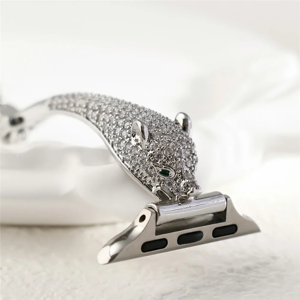 Watch Band For Apple Watch Series 11 10 42mm / 9 8 7 41mm / SE3 SE2 SE 6 5 4 40mm / 3 2 1 38mm Copper + Zircon Leopard Head Strap - Silver - 5