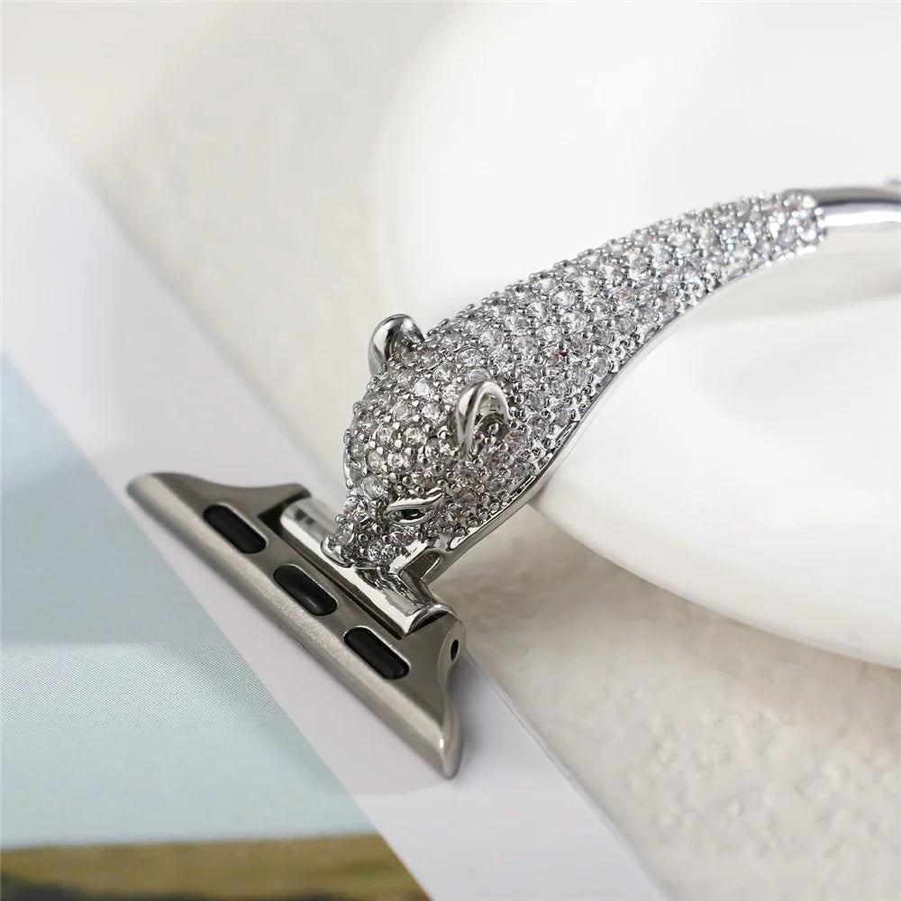 Watch Band For Apple Watch Series 11 10 42mm / 9 8 7 41mm / SE3 SE2 SE 6 5 4 40mm / 3 2 1 38mm Copper + Zircon Leopard Head Strap - Silver - 6