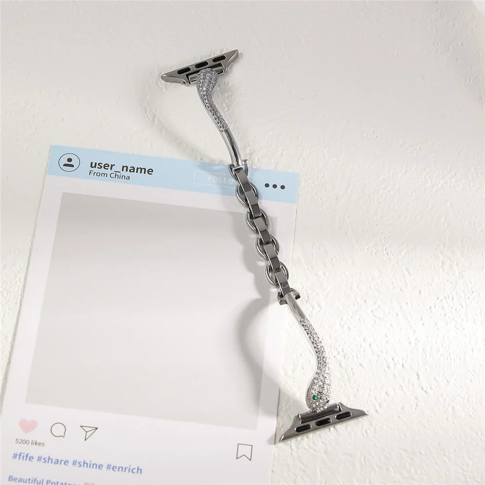 Copper Watch Band for Apple Watch Apple Watch Ultra 3 2 1 49mm / Series 11 10 46mm / 9 8 7 45mm / SE3 SE2 SE 6 5 4 44mm / 3 2 1 42mm Zircon Decor Snake Head Strap - Silver - 3