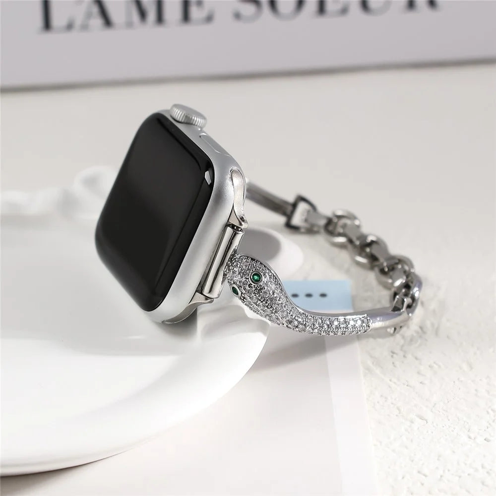 Copper Watch Band for Apple Watch Apple Watch Ultra 3 2 1 49mm / Series 11 10 46mm / 9 8 7 45mm / SE3 SE2 SE 6 5 4 44mm / 3 2 1 42mm Zircon Decor Snake Head Strap - Silver - 4