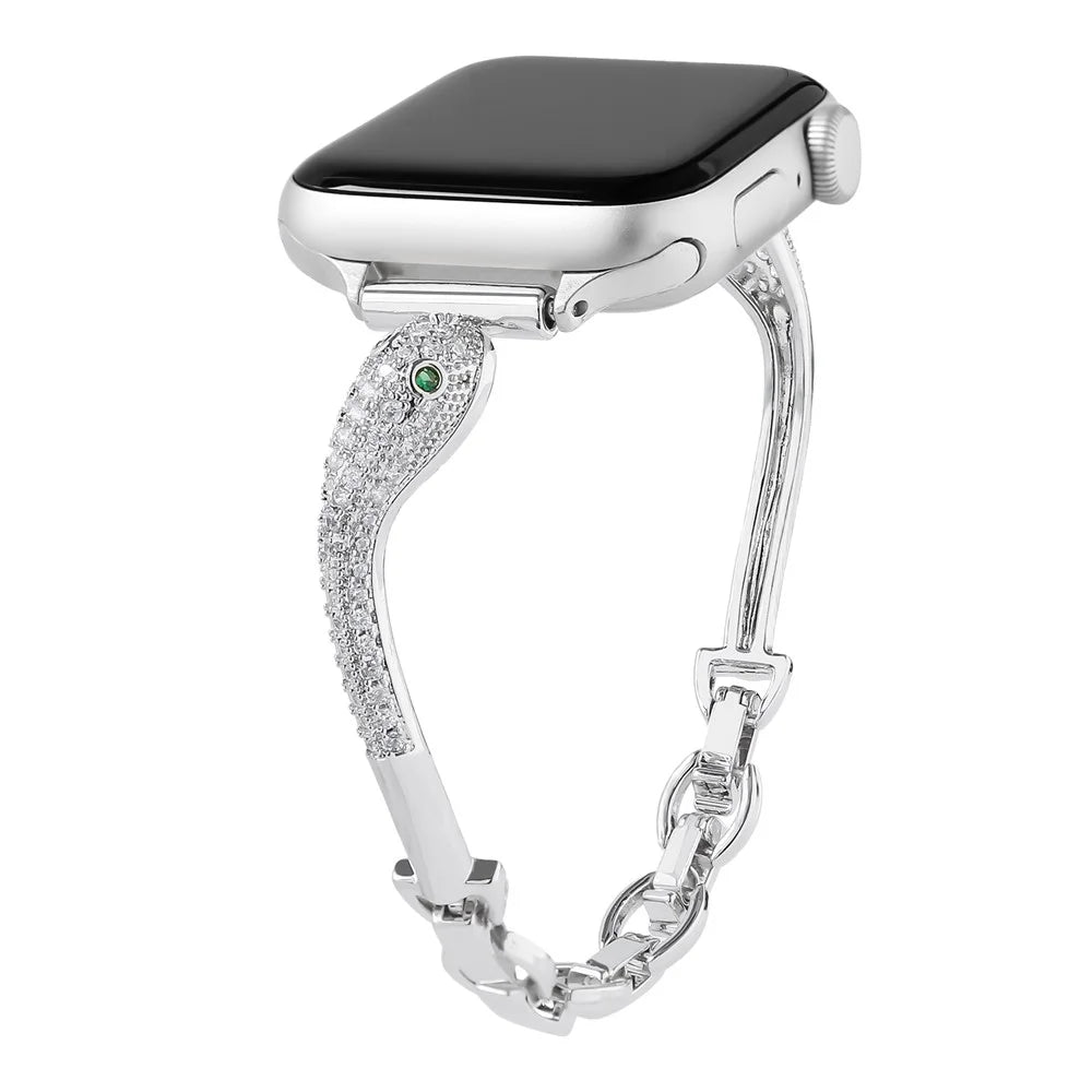 Copper Watch Band for Apple Watch Series 11 10 42mm / 9 8 7 41mm / SE3 SE2 SE 6 5 4 40mm / 3 2 1 38mm Zircon Decor Snake Head Strap - Silver - 1