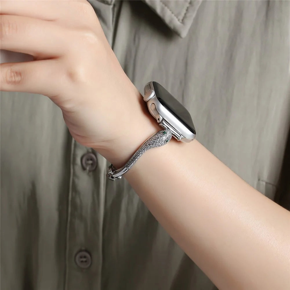 Copper Watch Band for Apple Watch Series 11 10 42mm / 9 8 7 41mm / SE3 SE2 SE 6 5 4 40mm / 3 2 1 38mm Zircon Decor Snake Head Strap - Silver - 6
