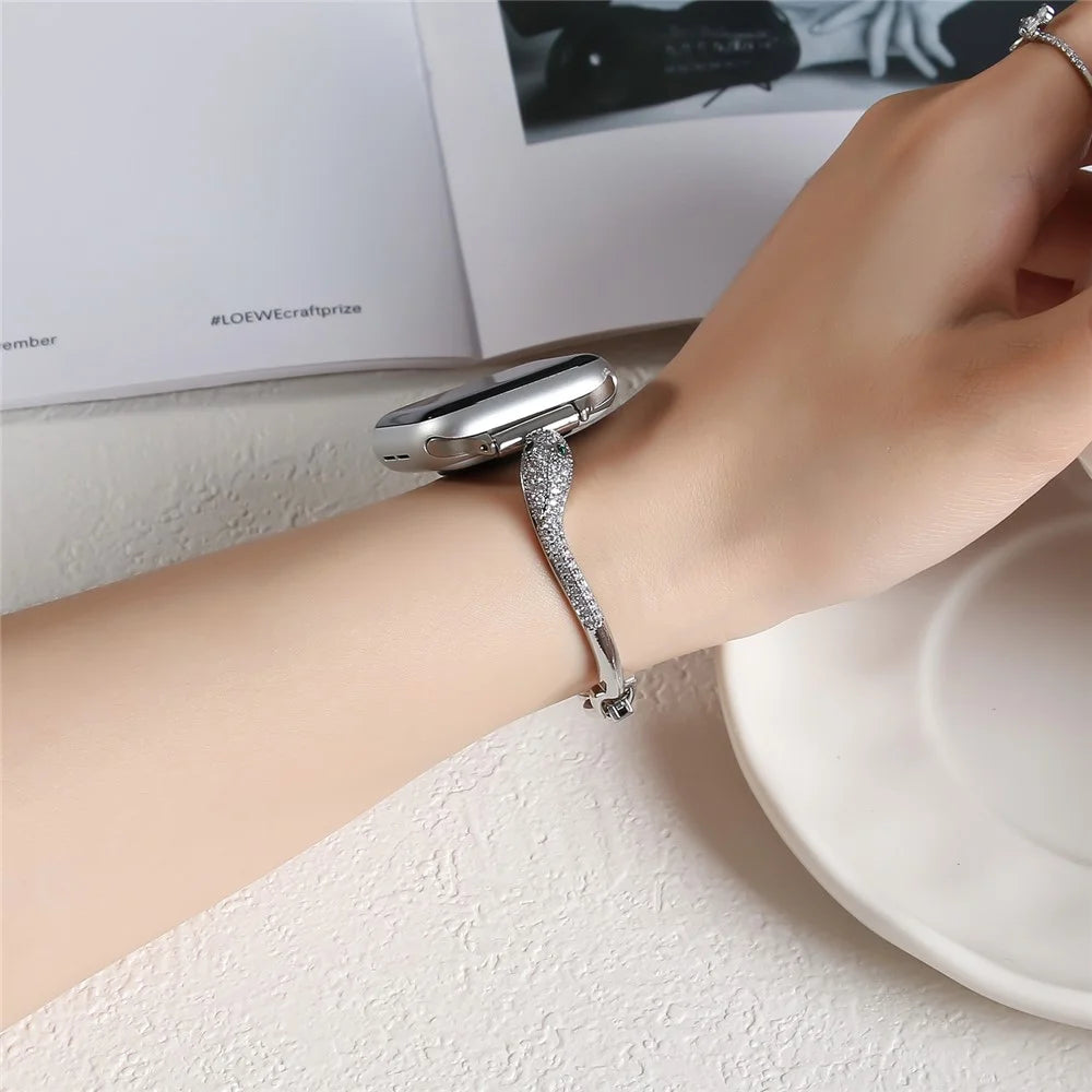 Copper Watch Band for Apple Watch Series 11 10 42mm / 9 8 7 41mm / SE3 SE2 SE 6 5 4 40mm / 3 2 1 38mm Zircon Decor Snake Head Strap - Silver - 7