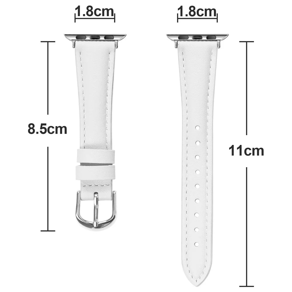 Watch Band for Apple Watch Series 11 10 42mm / 9 8 7 41mm / SE3 SE2 SE 6 5 4 40mm / 3 2 1 38mm Silver Buckle Slim Leather Strap - White - 6