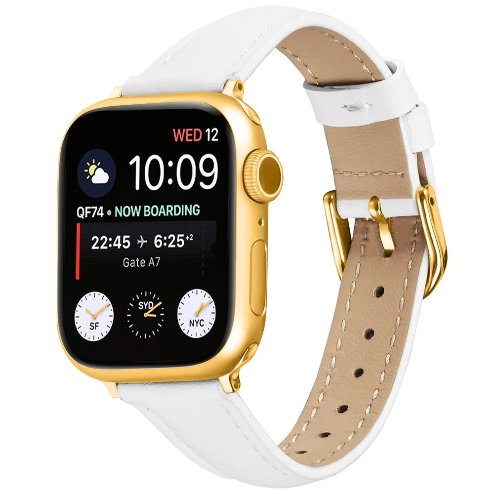 Watch Band for Apple Watch Series 11 10 42mm / 9 8 7 41mm / SE3 SE2 SE 6 5 4 40mm / 3 2 1 38mm Gold Buckle Slim Leather Strap - White - 2