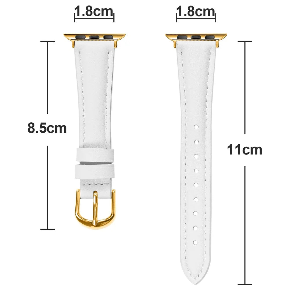 Watch Band for Apple Watch Series 11 10 42mm / 9 8 7 41mm / SE3 SE2 SE 6 5 4 40mm / 3 2 1 38mm Gold Buckle Slim Leather Strap - White - 6