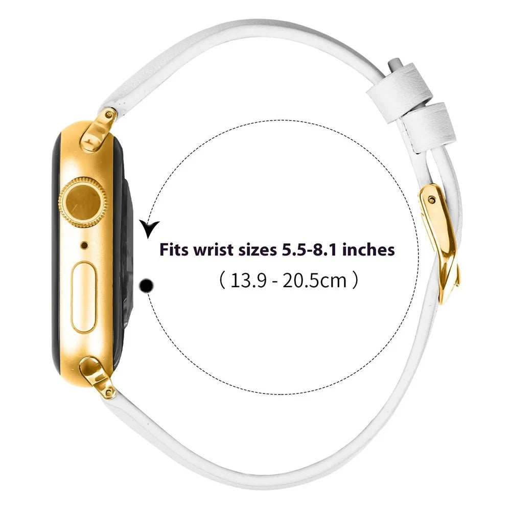Watch Band for Apple Watch Series 11 10 42mm / 9 8 7 41mm / SE3 SE2 SE 6 5 4 40mm / 3 2 1 38mm Gold Buckle Slim Leather Strap - White - 7
