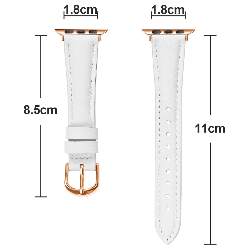 Watch Band for Apple Watch Series 11 10 42mm / 9 8 7 41mm / SE3 SE2 SE 6 5 4 40mm / 3 2 1 38mm Rose Gold Buckle Slim Leather Strap - White - 6