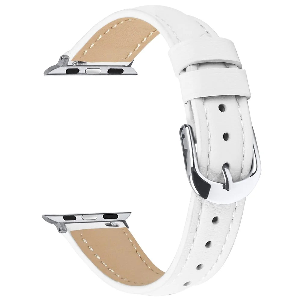 Watch Band for Apple Watch Ultra 3 2 1 49mm / Series 11 10 46mm / 9 8 7 45mm / SE3 SE2 SE 6 5 4 44mm / 3 2 1 42mm Silver Buckle Slim Leather Strap - White - 1